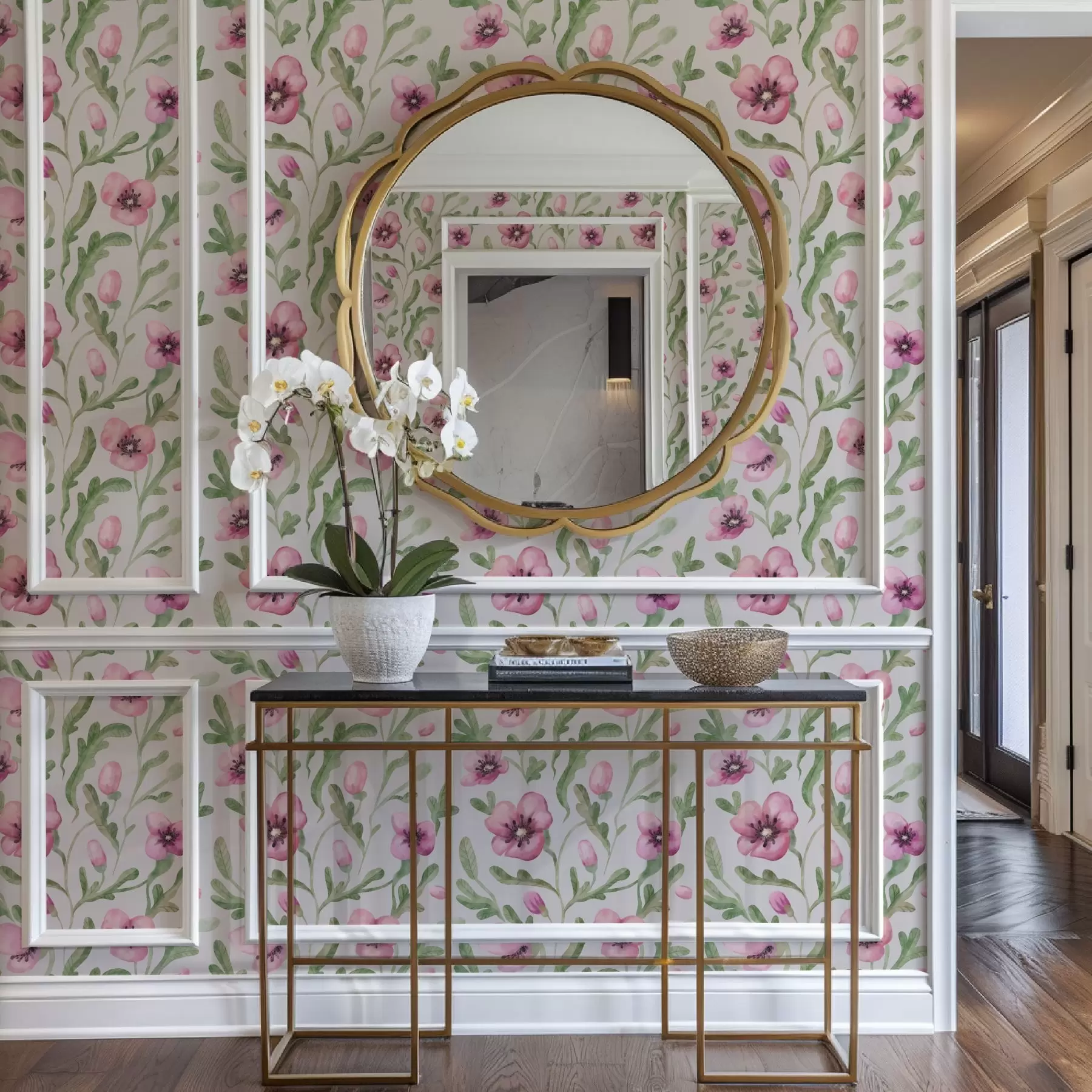 fotószőnyeg Finom rózsaszín pipacsok levelekkel, akvarell technikával a00830