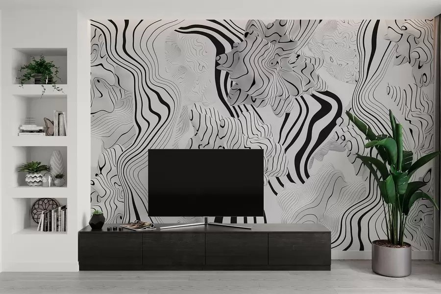 fotószőnyeg absztrakt organikus formák 3D stílusban, fehér és szürke árnyalatokban, fekete csíkokkal w04627