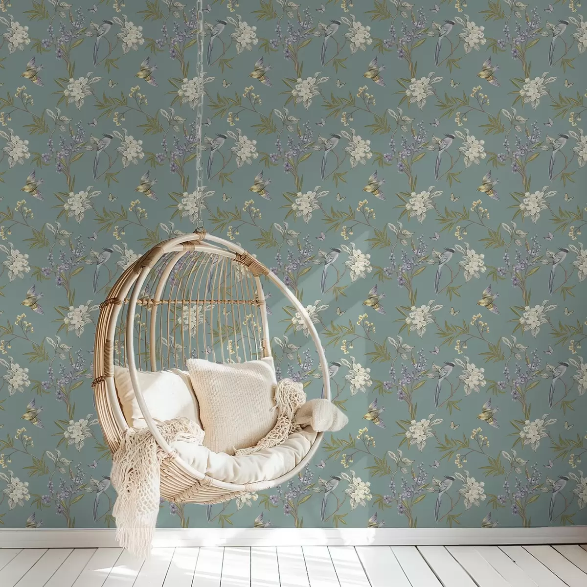 Háttérkép Madarak, virágok és lepkék kékesszürke háttér előtt a00735