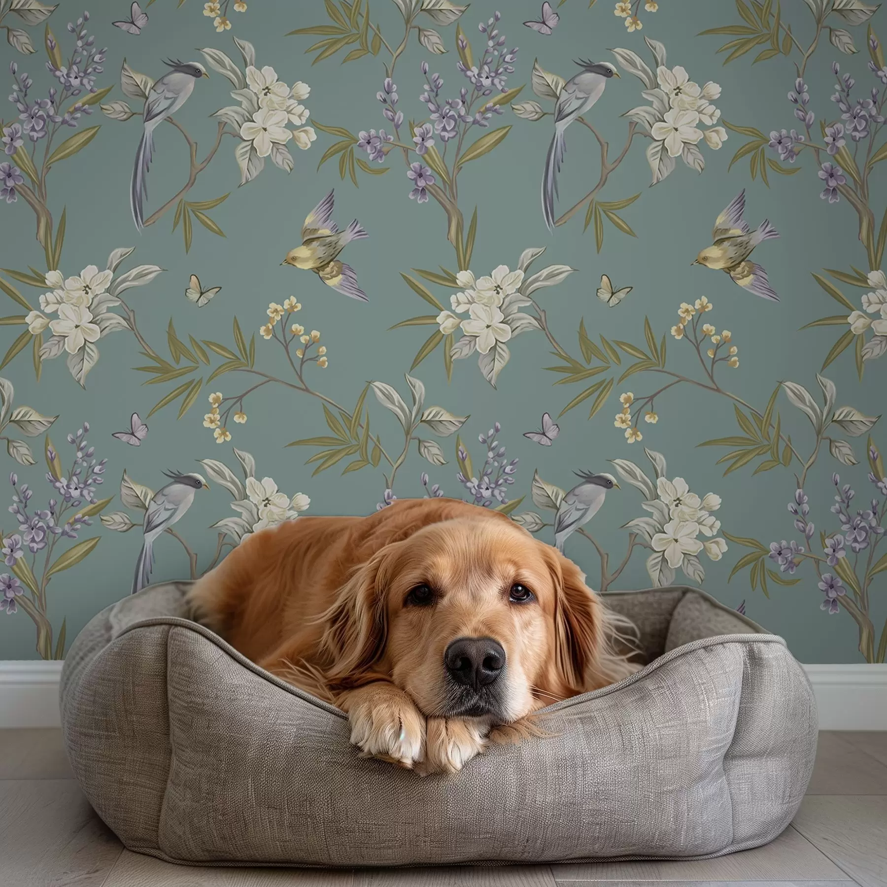 fotószőnyeg Madarak, virágok és lepkék kékesszürke háttér előtt a00735