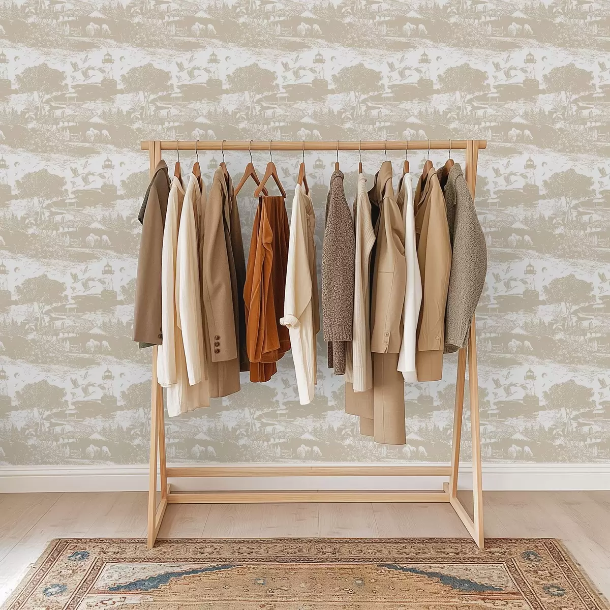 Háttérkép Jelenet világítótoronnyal, fákkal és házakkal sienna színben a00739