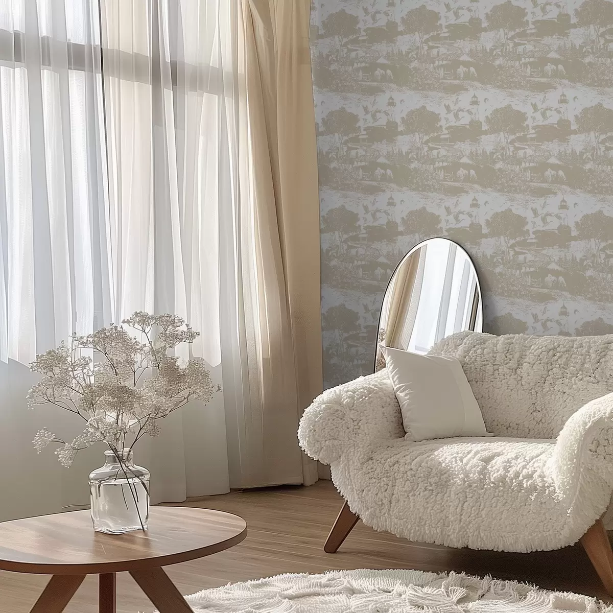 Háttérkép Jelenet világítótoronnyal, fákkal és házakkal sienna színben a00739