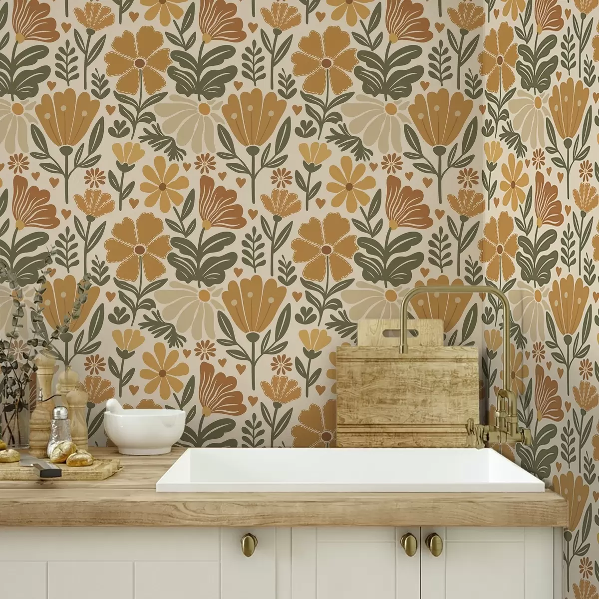 Háttérkép Stilizált virágok meleg tónusokban, szívekkel a00752