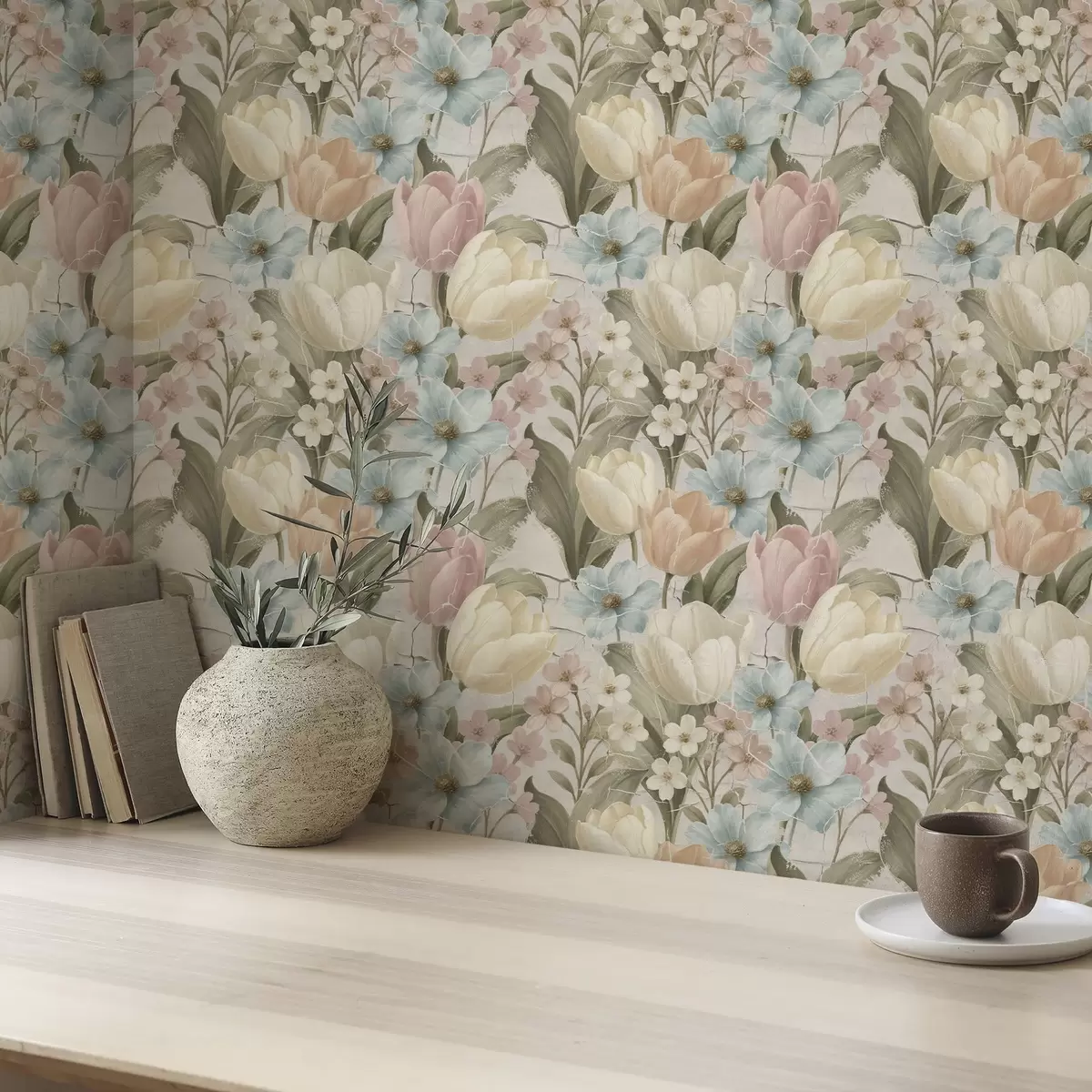Háttérkép Pasztell színű tulipánok és virágok világos, repedezett háttér előtt a00756