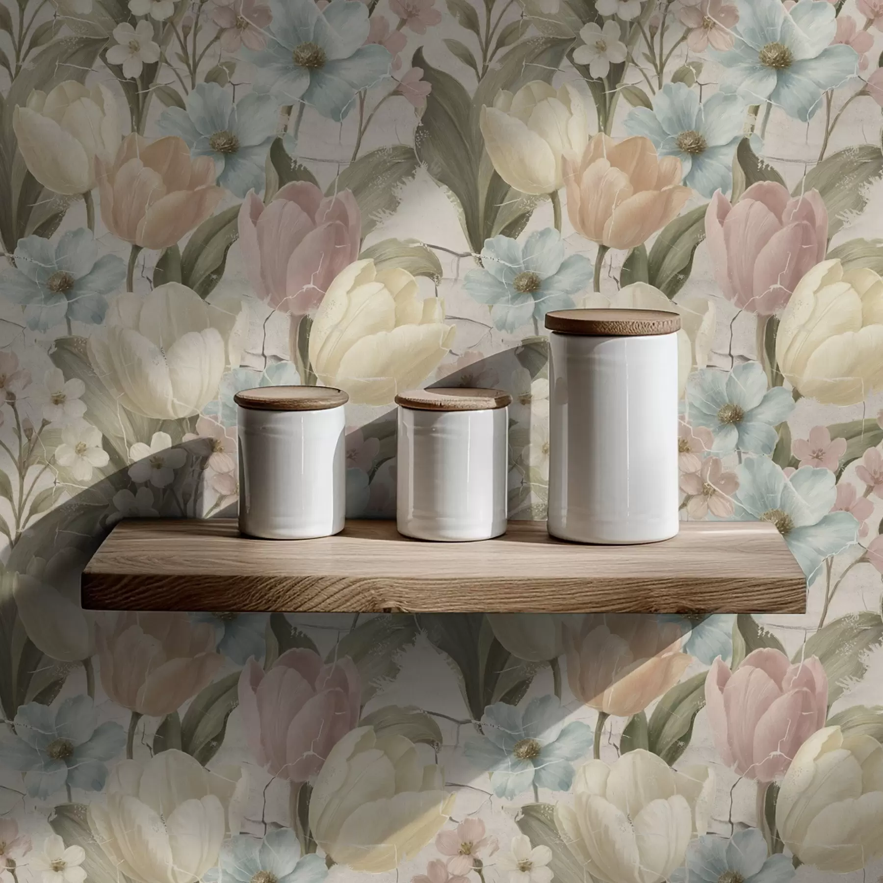 fotószőnyeg Pasztell színű tulipánok és virágok világos, repedezett háttér előtt a00756