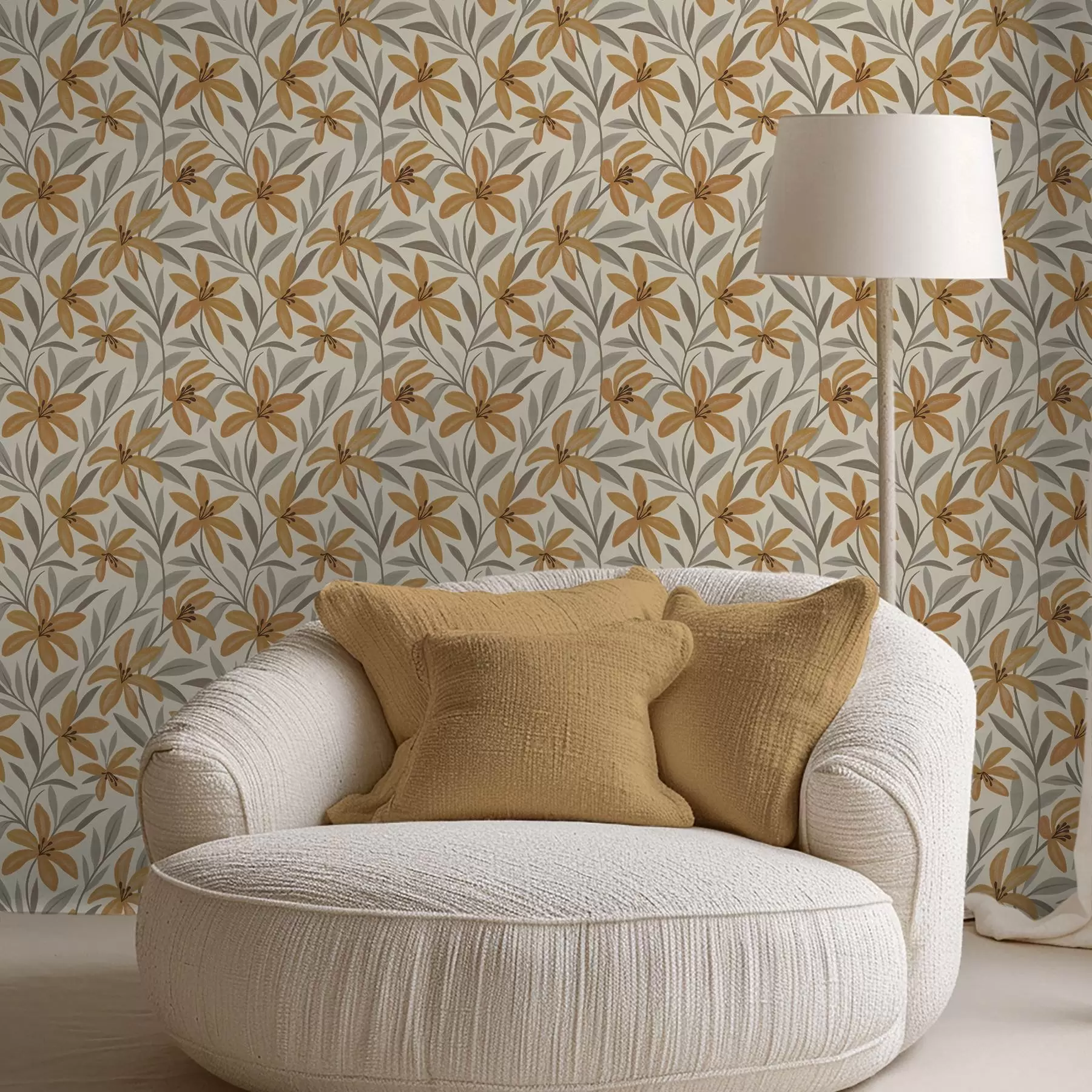 fotószőnyeg Sárga liliomok és szürkés-zöld levelek világos háttér előtt a00757