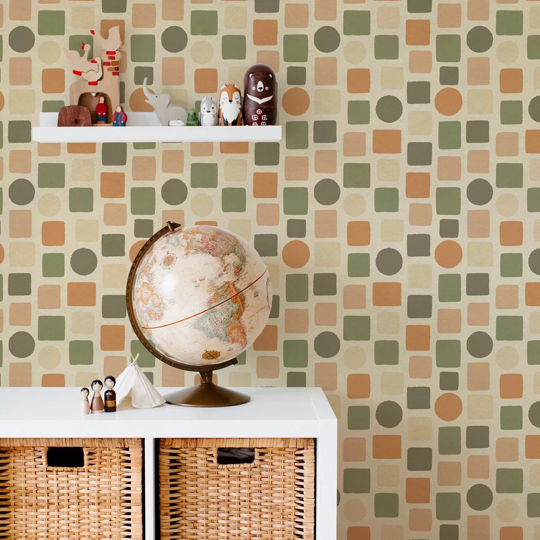 fotószőnyeg Meleg tónusú négyzetek és körök geometrikus mintája a00759