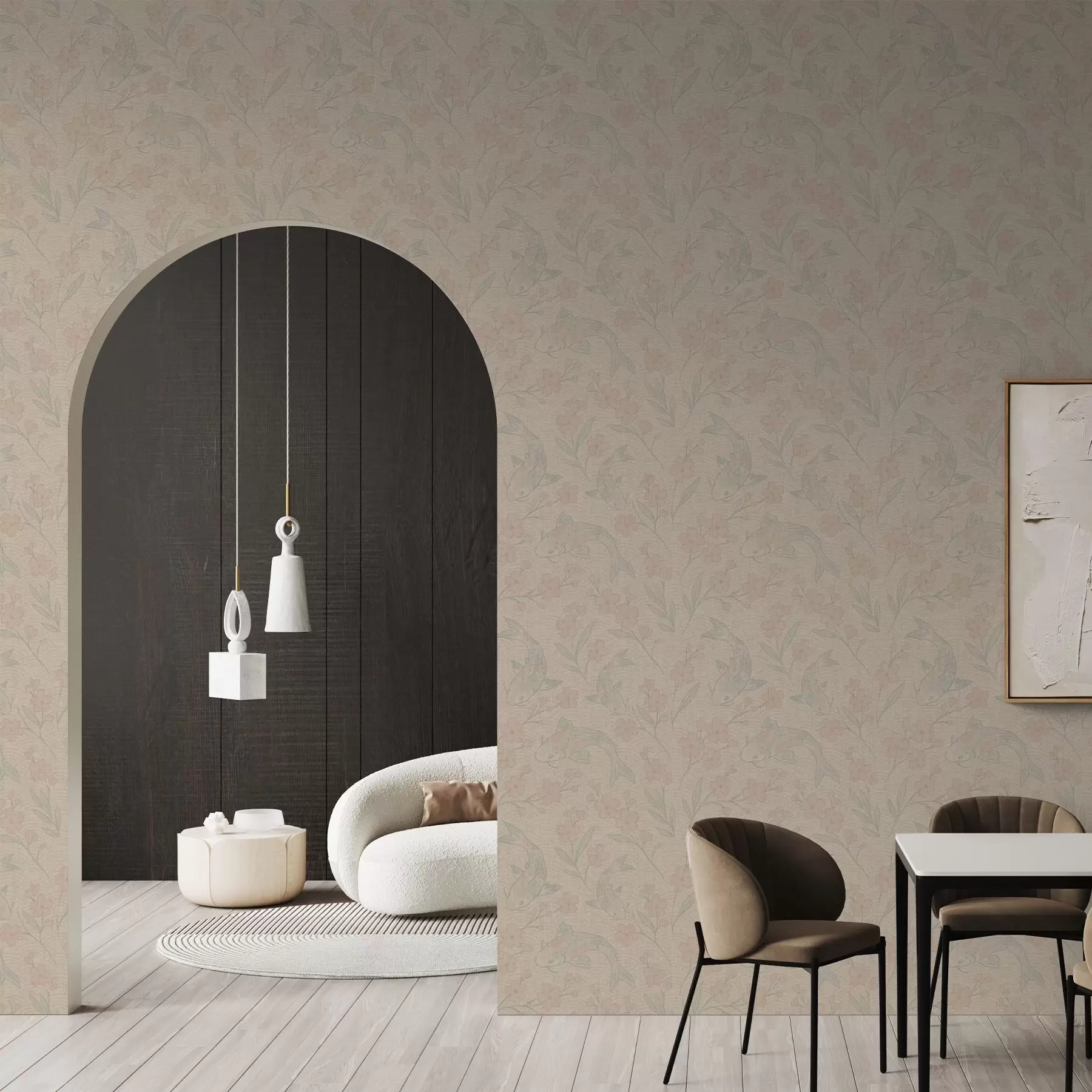 fotószőnyeg Kárászok virágok között, lágy bézs-rózsaszín árnyalatokban a00766