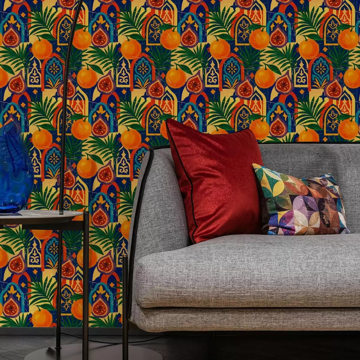 Háttérkép Világos narancssárga, pálmalevelek és marokkói boltívek a00767