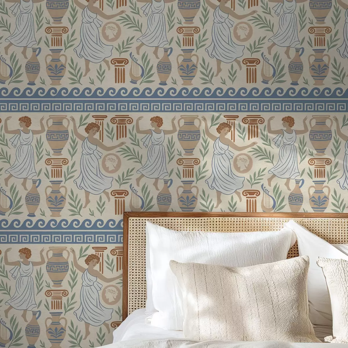 Háttérkép Ókori görög díszítés figurákkal, vázákkal és oszlopokkal a00768