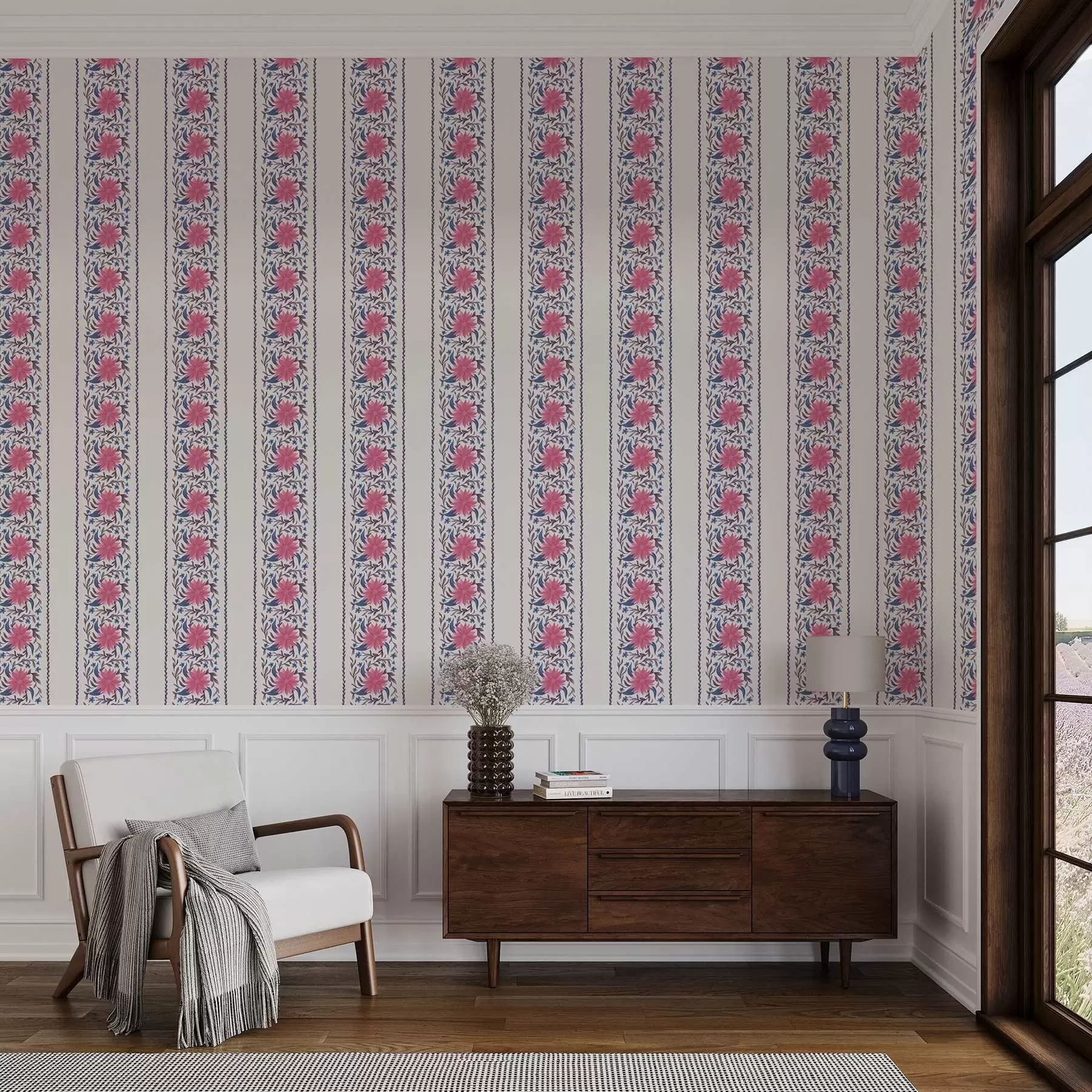 fotószőnyeg Függőleges virágos csíkok rózsaszín-lila árnyalatokban a00810