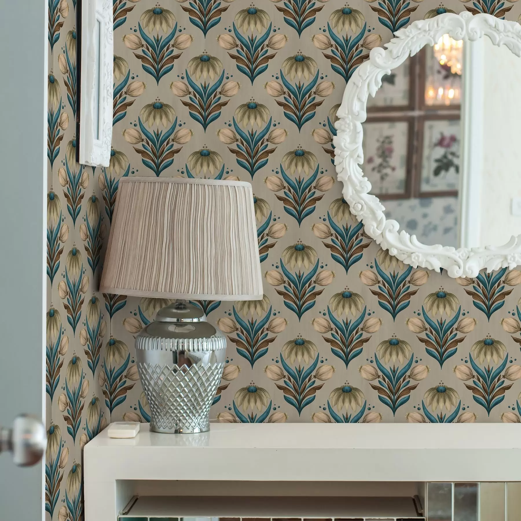 fotószőnyeg Szimmetrikus virágdísz meleg tónusokban a00812