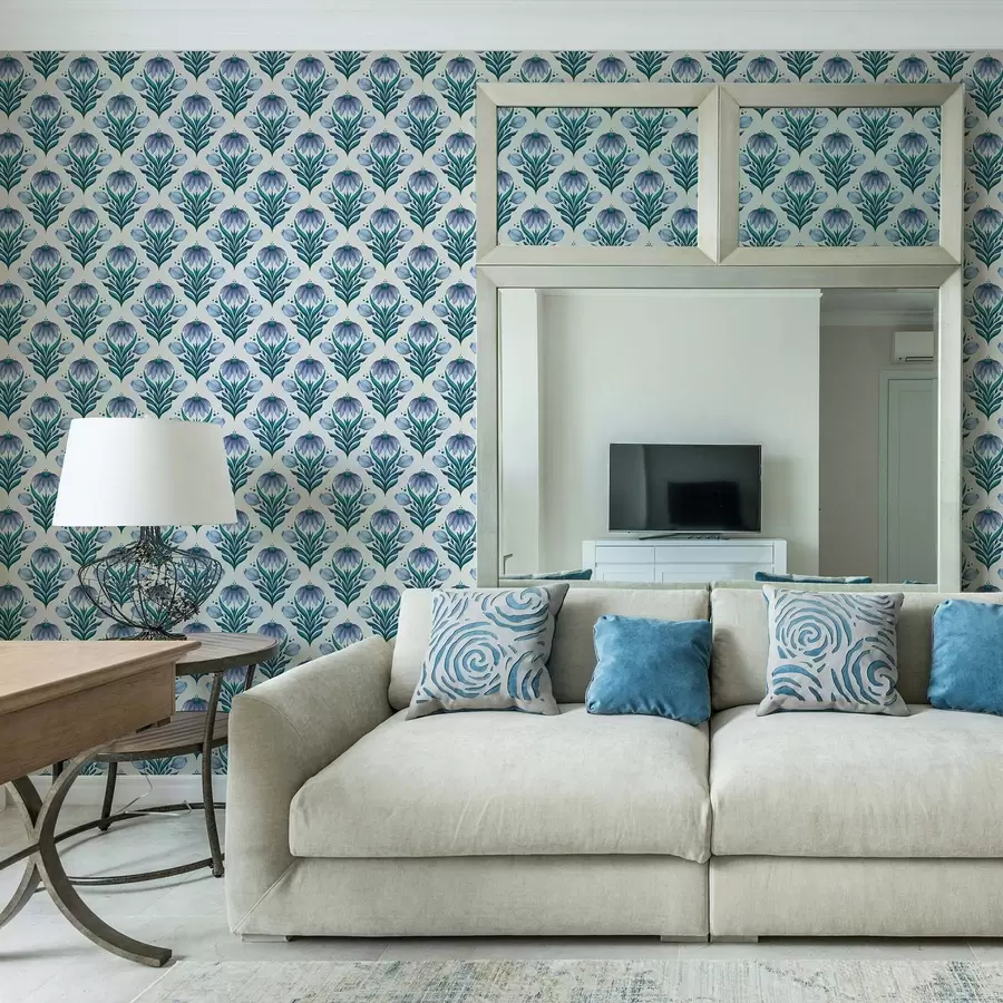 fotószőnyeg Szimmetrikus virágdísz kék-fehér árnyalatokban a00812v2