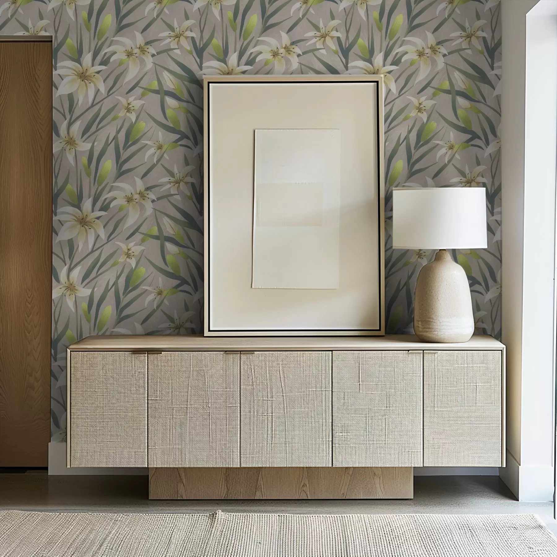 fotószőnyeg Krém színű liliomok levelekkel szürke-bézs háttérrel a00837