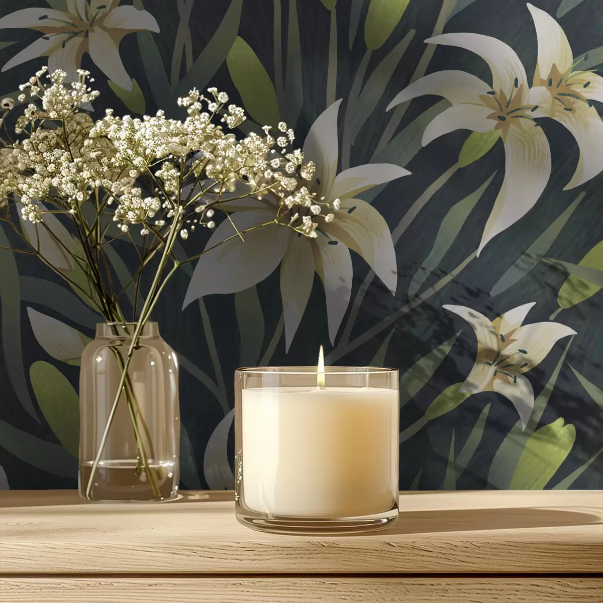 Háttérkép Krémes liliomok levelekkel sötét háttér előtt a00837v1