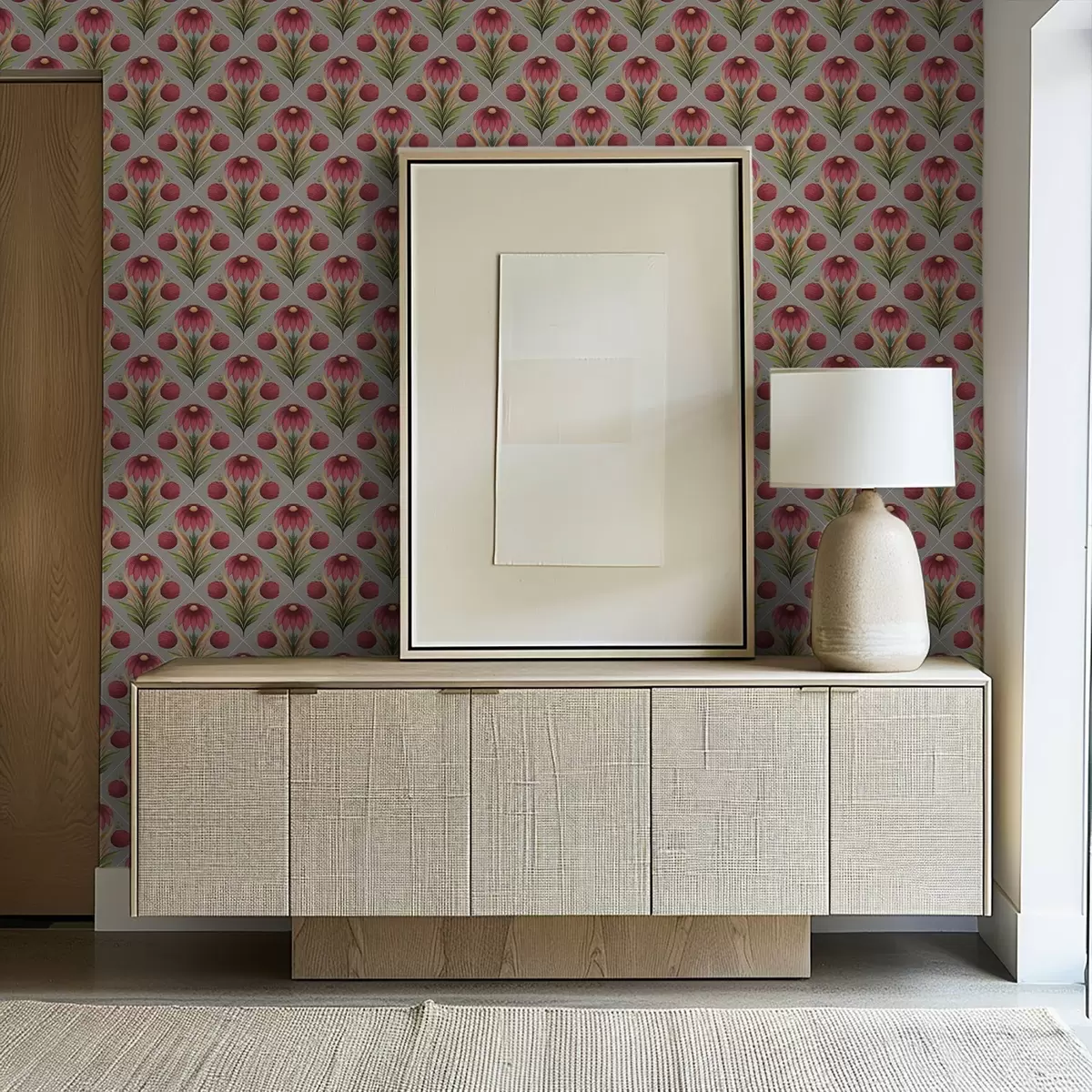 Háttérkép Szimmetrikus virágdíszítés szürke háttérrel, átlós vonalakkal a00869