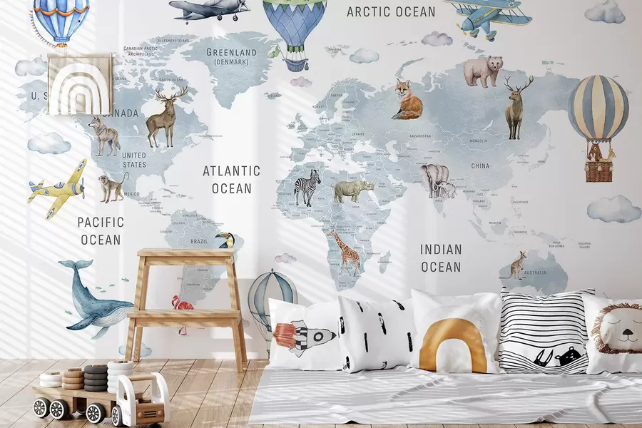 fotószőnyeg Gyerekeknek szóló, akvarell stílusú térkép állatokkal és hőlégballonokkal. Angol nyelvű. Kék színű. c00001env1