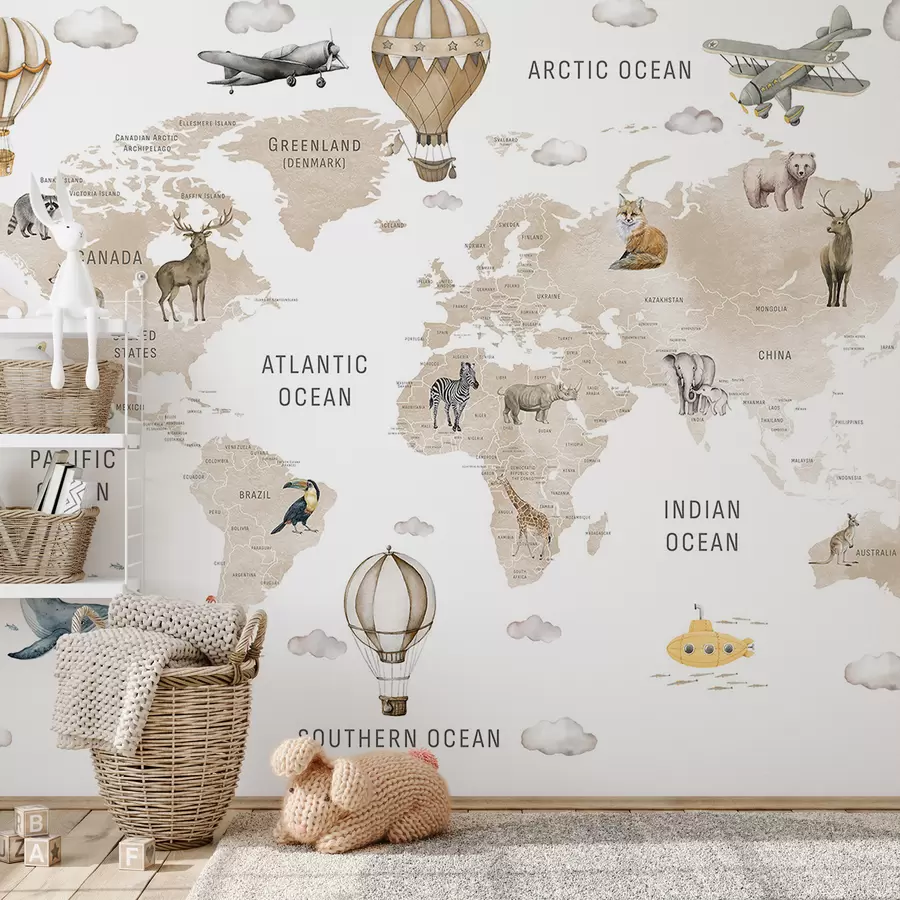 fotószőnyeg Gyerekeknek szóló, akvarell stílusú térkép állatokkal és hőlégballonokkal. Angol nyelvű. Bézs színű. c00001env2