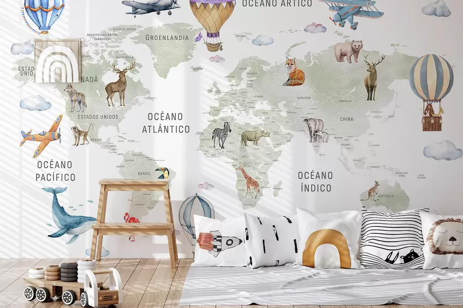 fotószőnyeg Gyerekeknek szóló, akvarell stílusú térkép állatokkal és hőlégballonokkal. Spanyol nyelvű. Zöld színű. c00001es