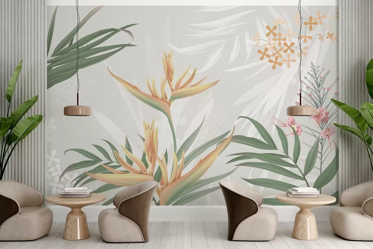 fotószőnyeg Egzotikus Strelitzia virágok lombok között w04783