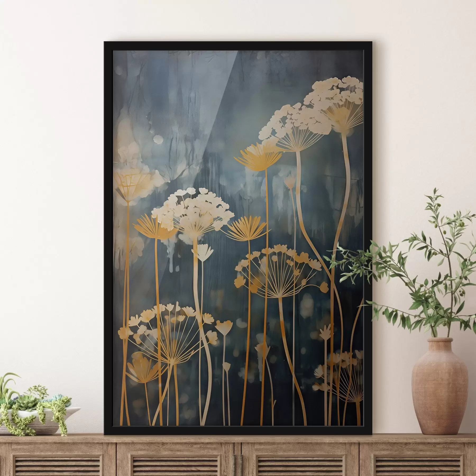 fotószőnyeg Sötét háttér előtt stilizált virágok vékony szárakkal f46188