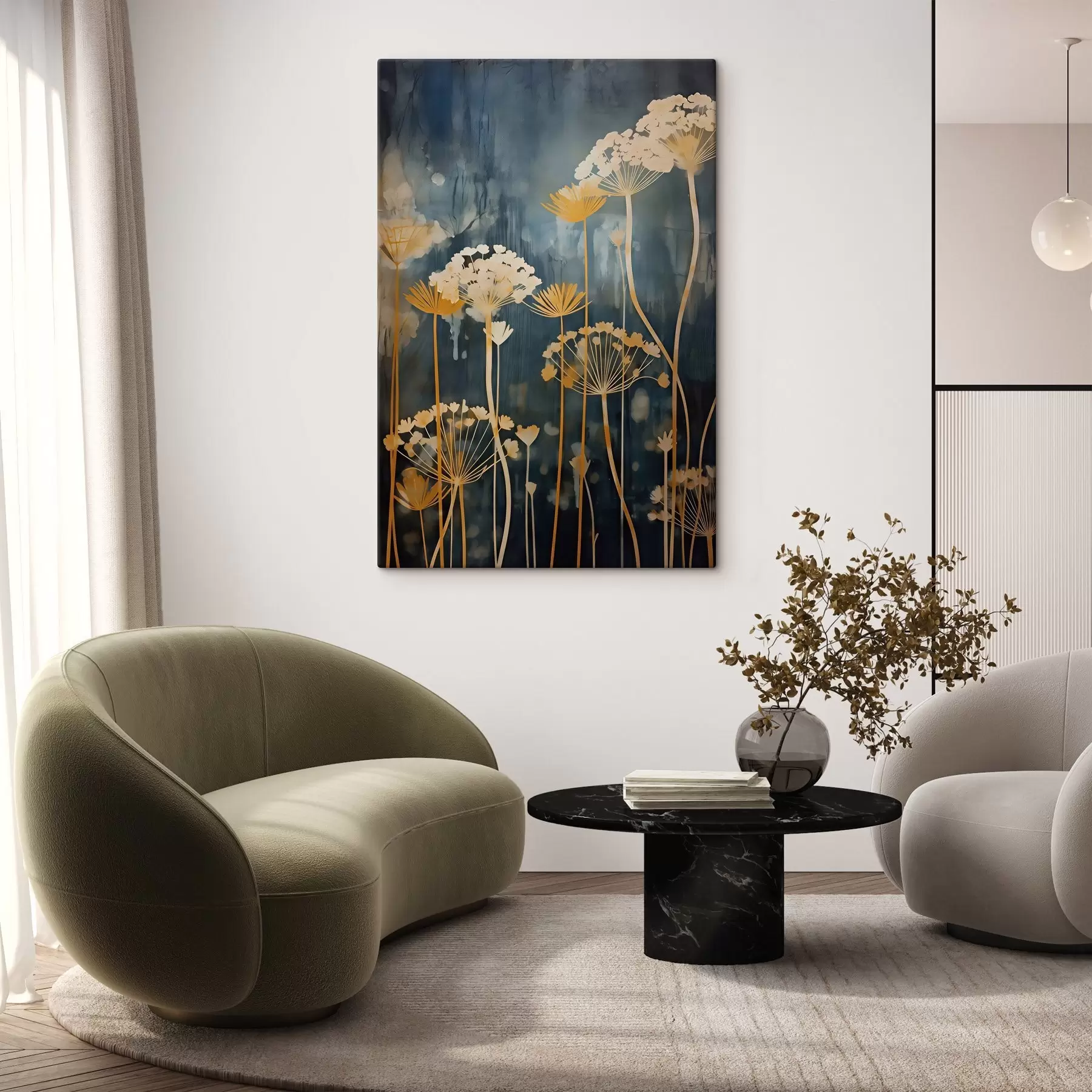 fotótapéta Sötét háttér előtt stilizált virágok vékony szárakkal s46188