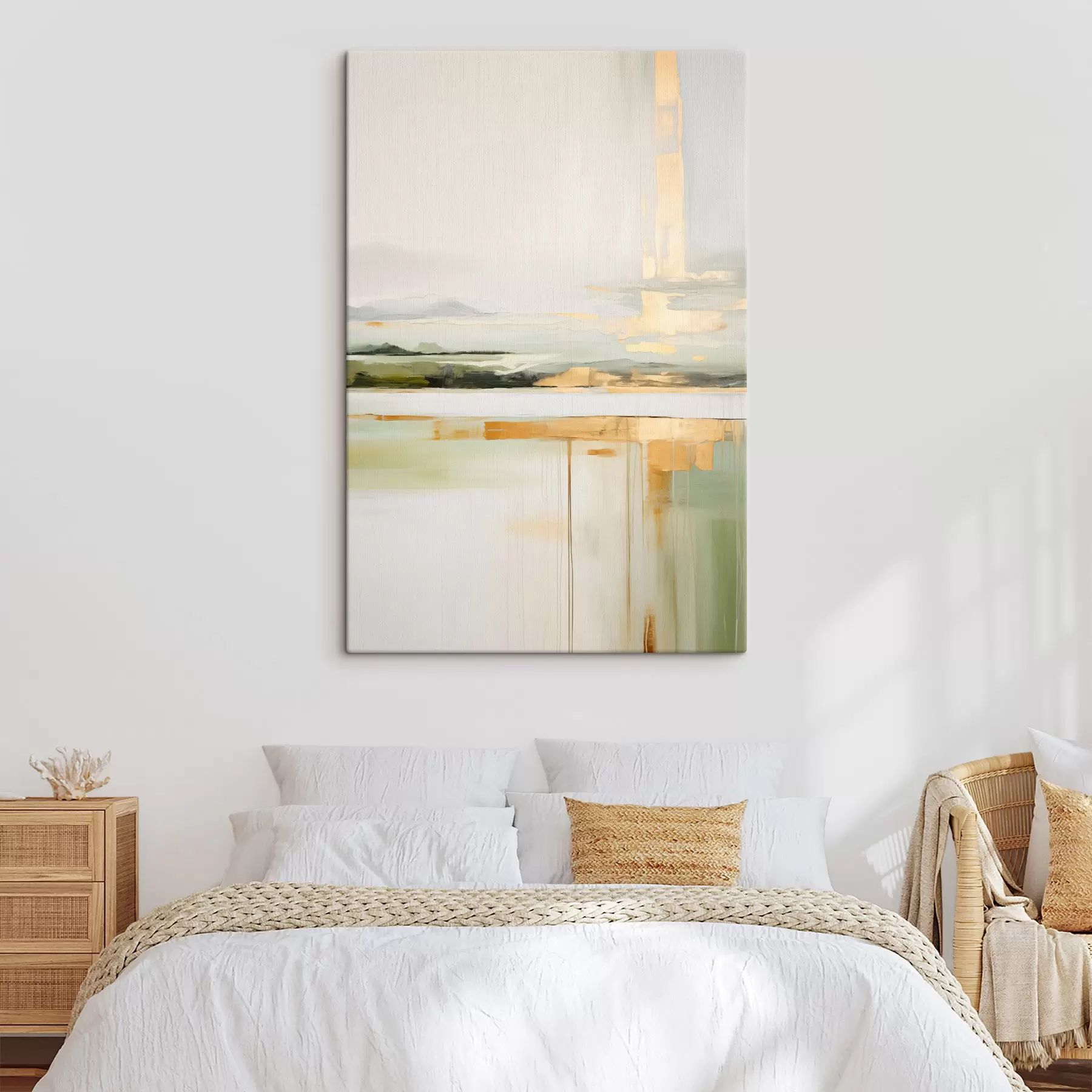 fotótapéta Absztrakt táj sárga akcentussal, minimalista kompozíció földből, vízből és égből, tompított színekkel s46268