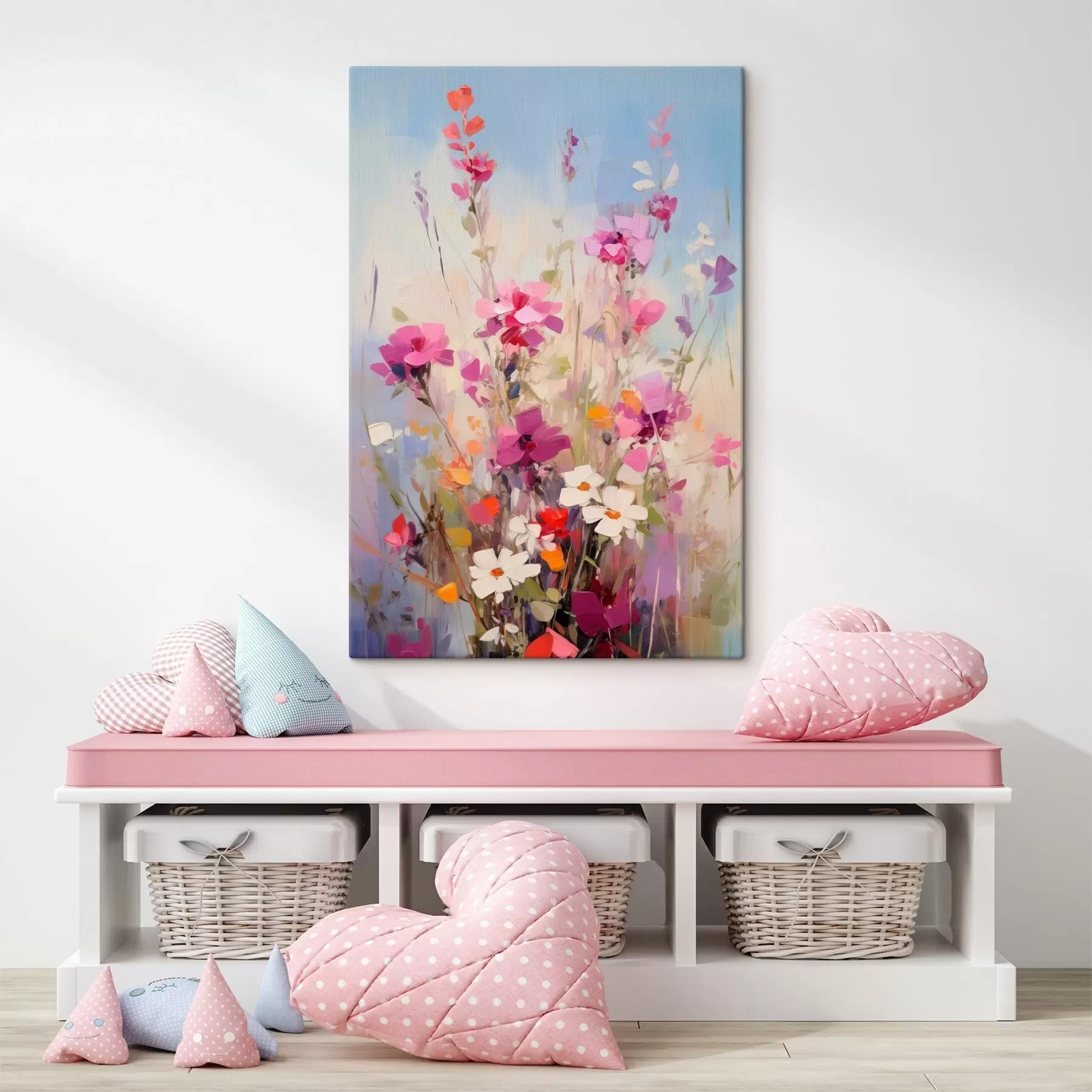 fotótapéta Élénk rózsaszín, fehér és zöld virágok lágy, pasztellszínű háttér előtt s46278