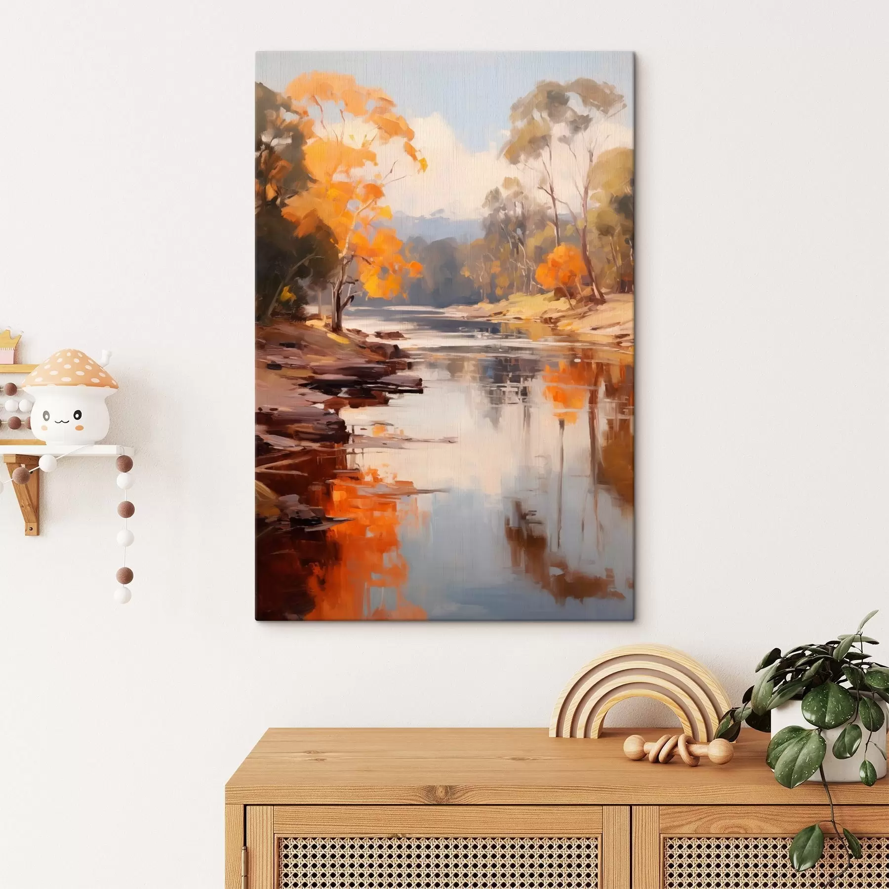 fotótapéta Őszi táj, folyó fákkal a partján, erdő a háttérben, tükröződések a vízen s46280