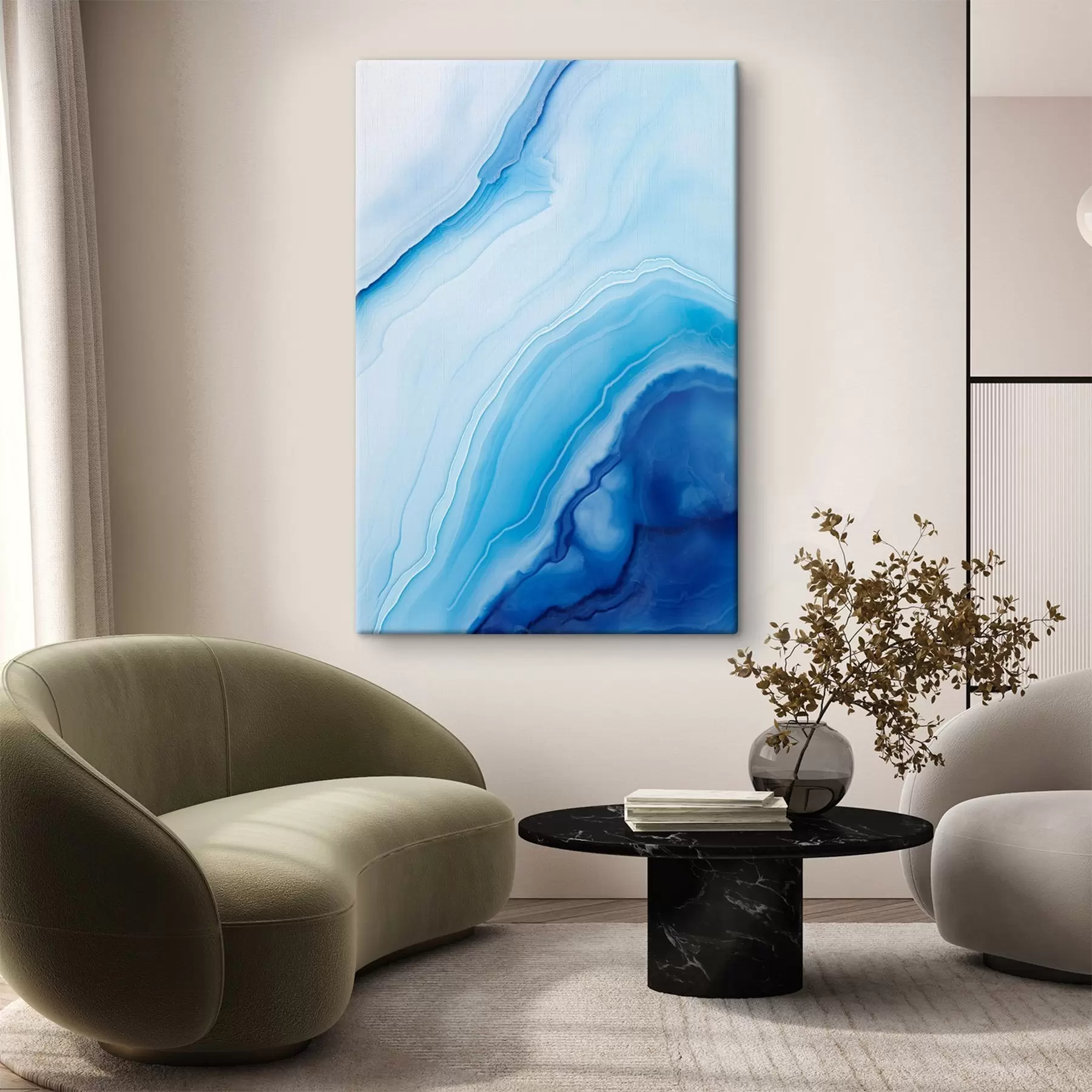 fotótapéta Absztrakt kék-fehér achátminta, kavargó vonalak és színátmenetek, sima textúra, modern művészet, minimalista s46290