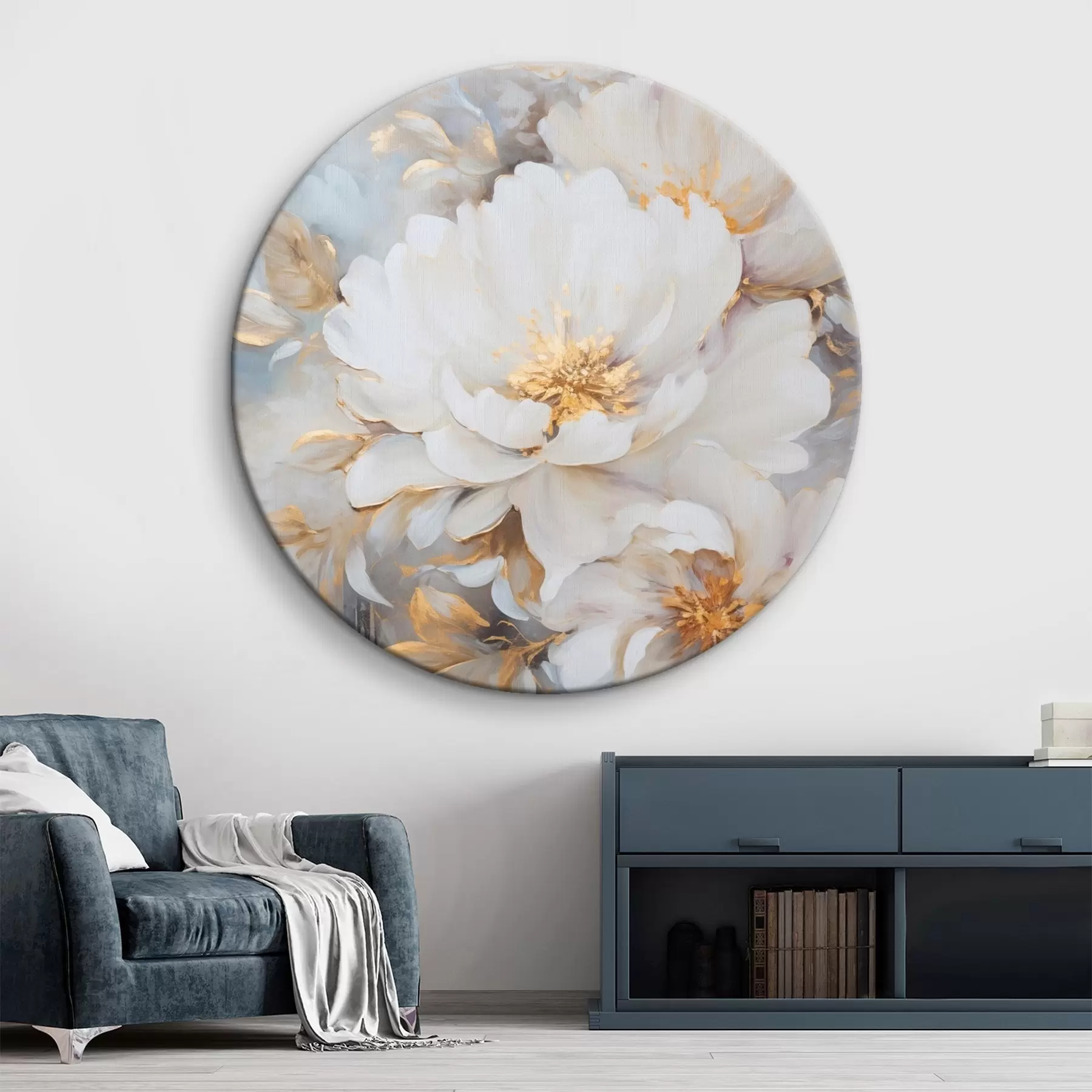 fotótapéta Fehér pünkösdi rózsák kék közepekkel és levelekkel, lágy ecsetvonások, világoskék háttér, virágkompozíció r46271