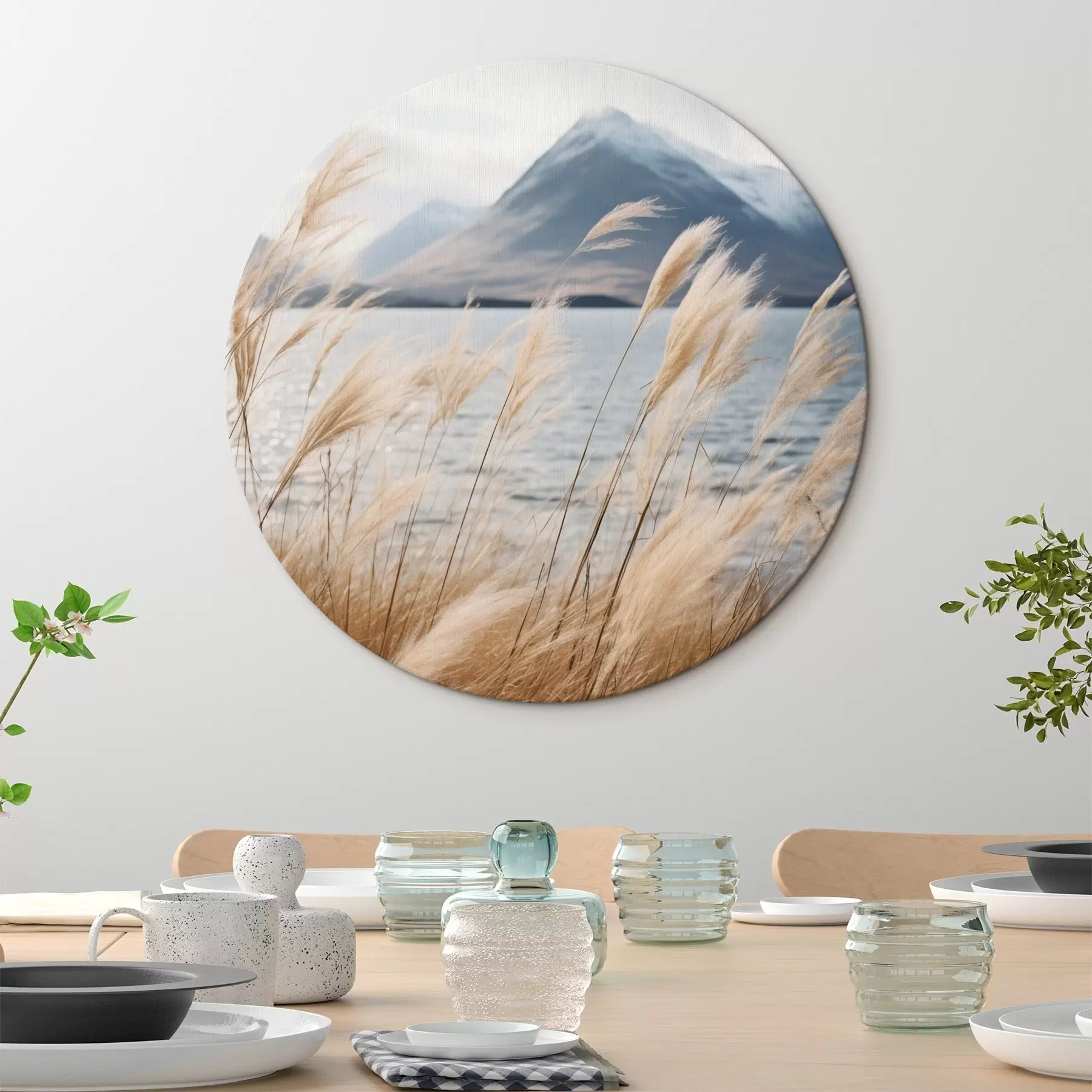 fotótapéta Pampas fű, háttérben tóval és hegyekkel, lágy megvilágítás, tompított színek, naturalisztikus stílus r46283