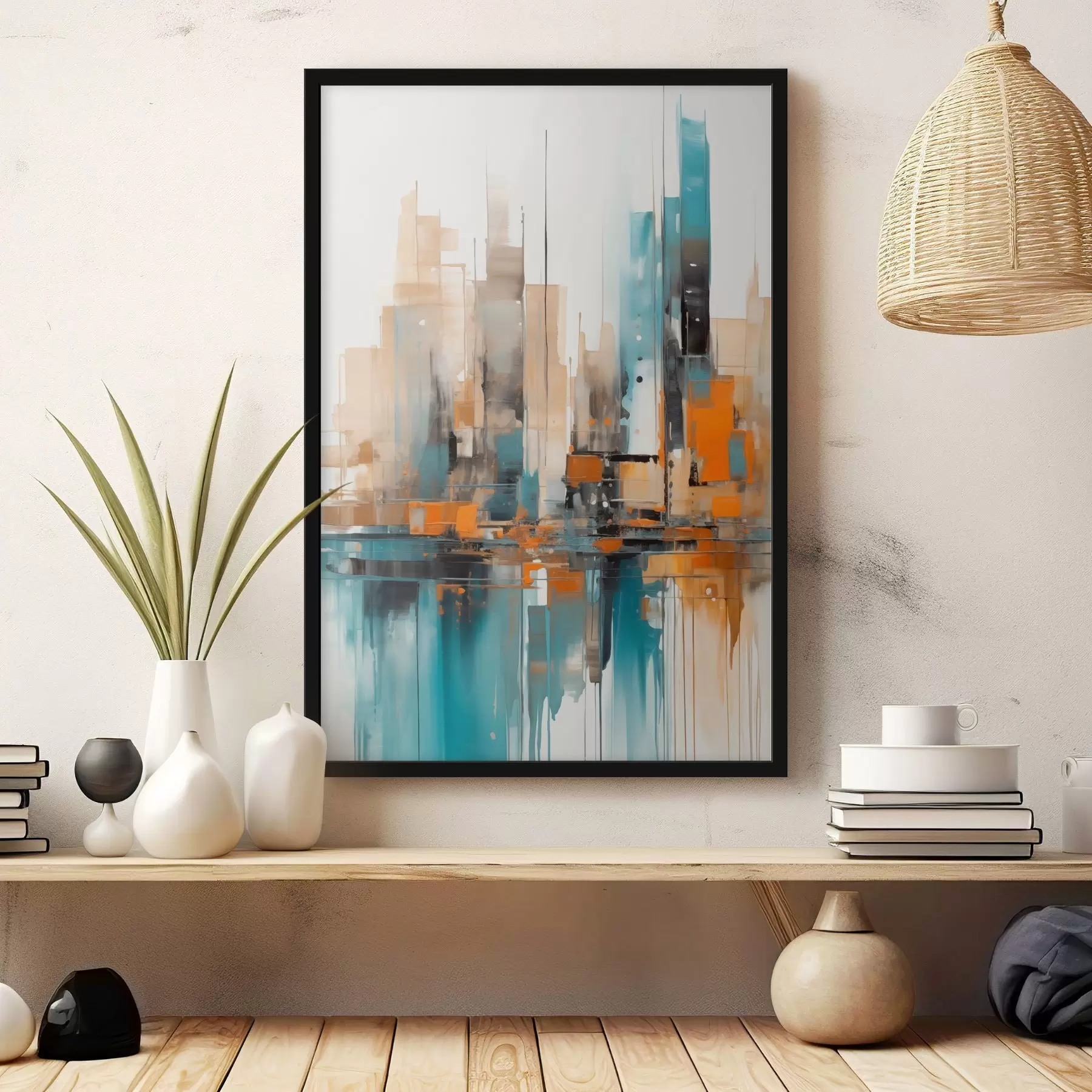 fotószőnyeg Absztrakt városi tájkép narancssárga, türkizkék és barna színű, függőleges ecsetvonásokkal és geometrikus formákkal f46266
