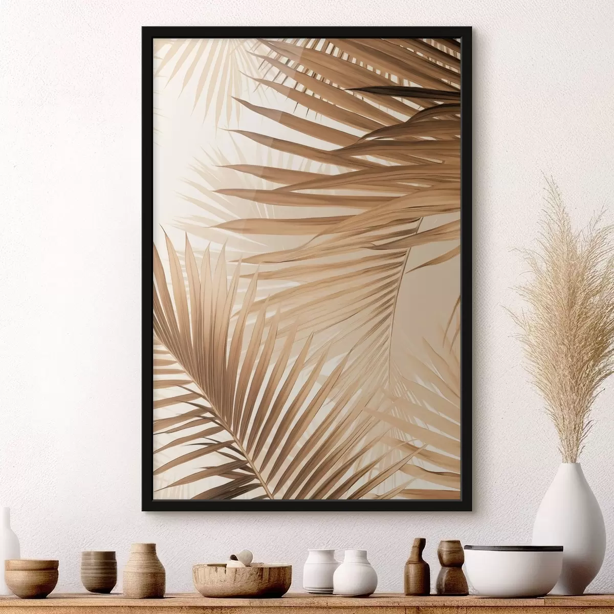 Plakát a sziklán Absztrakt pálmalevelek barna árnyalatokban, trópusi, botanikai, természetes, minimalista, elegáns, modern design f46275