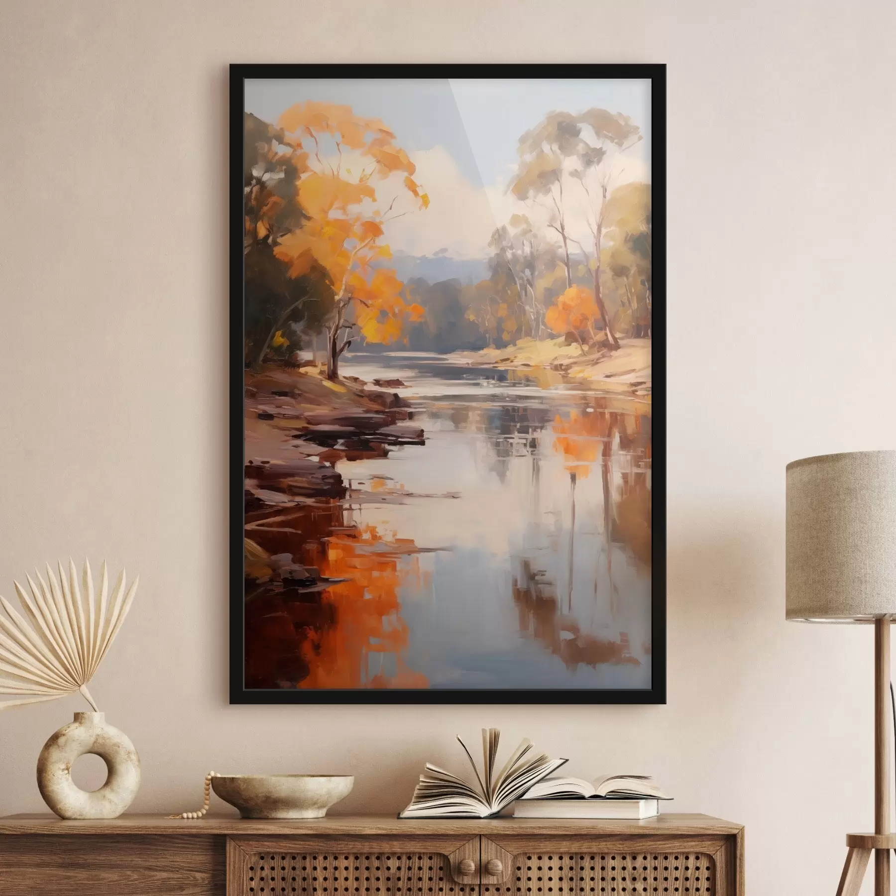 fotószőnyeg Őszi táj, folyó fákkal a partján, erdő a háttérben, tükröződések a vízen f46280