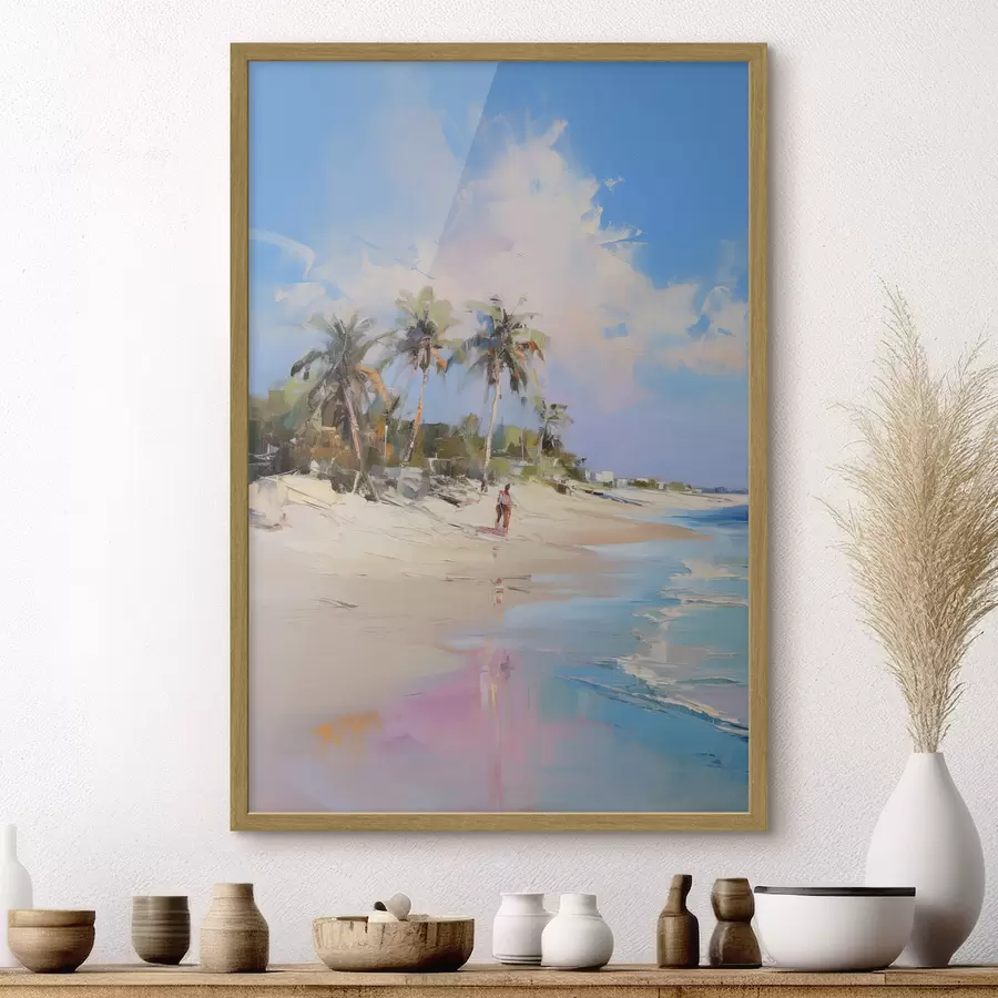fotószőnyeg Absztrakt táj, pálmafákkal teli strand, ragyogó napsütéses nap kék éggel és néhány felhővel f46284