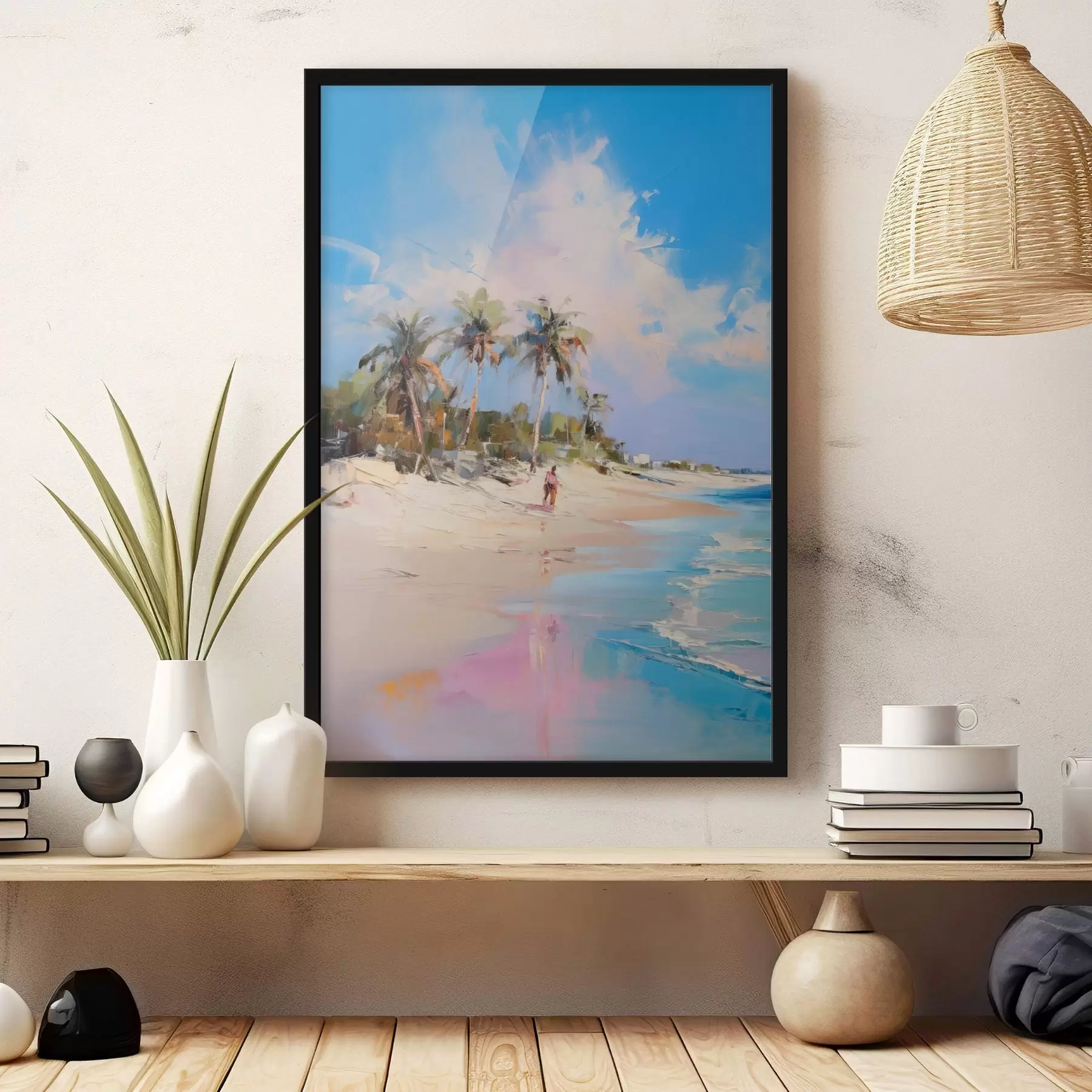 fotószőnyeg Absztrakt táj, pálmafákkal teli strand, ragyogó napsütéses nap kék éggel és néhány felhővel f46284