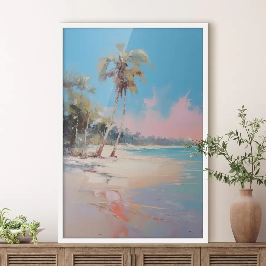 fotószőnyeg Absztrakt trópusi strand fehér homokkal és pálmafákkal, kék ég fehér felhőkkel f46285