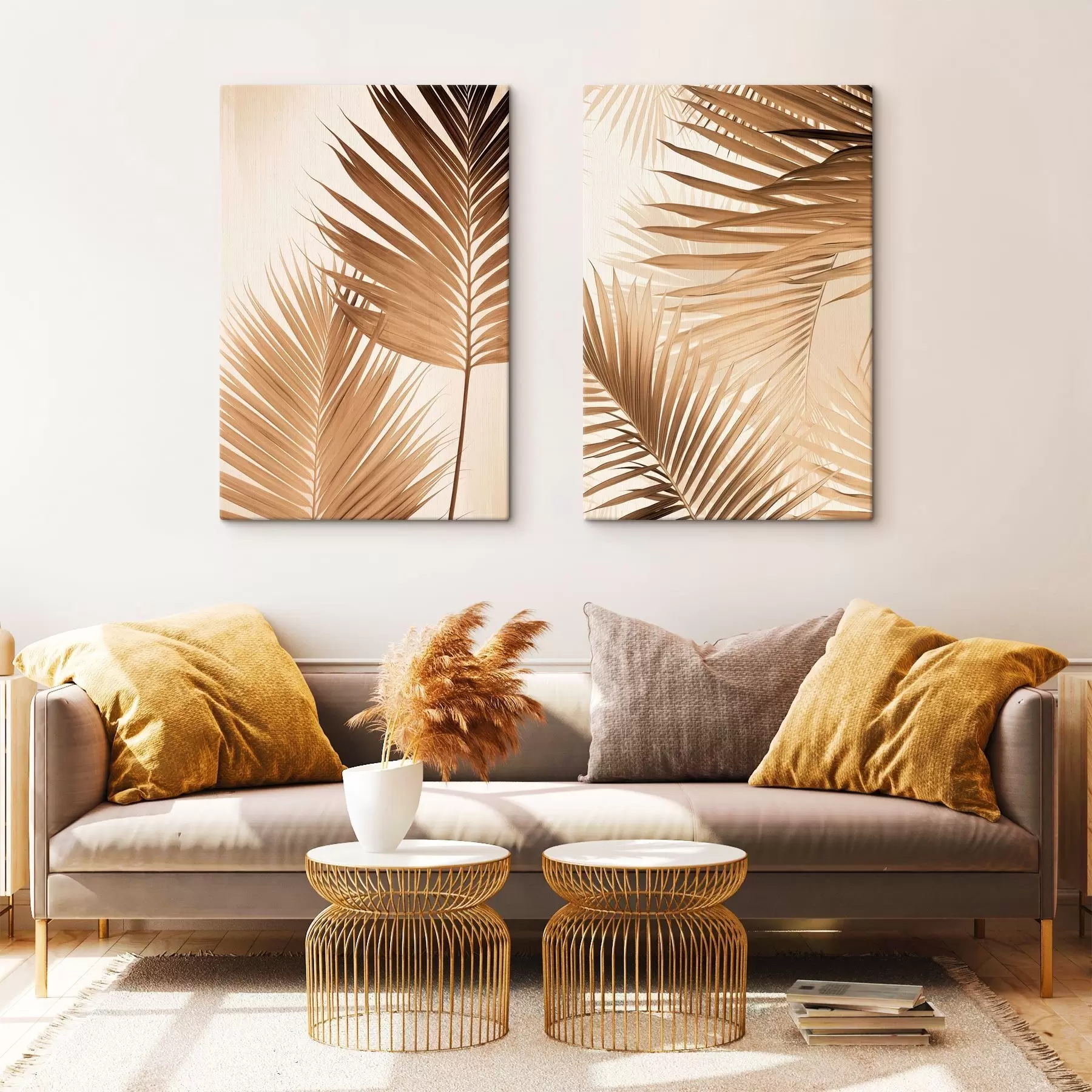 fotótapéta Barna árnyalatú pálmalevelek, semleges háttér, minimalista stílus, természetes megvilágítás, trópusi hangulat m00880