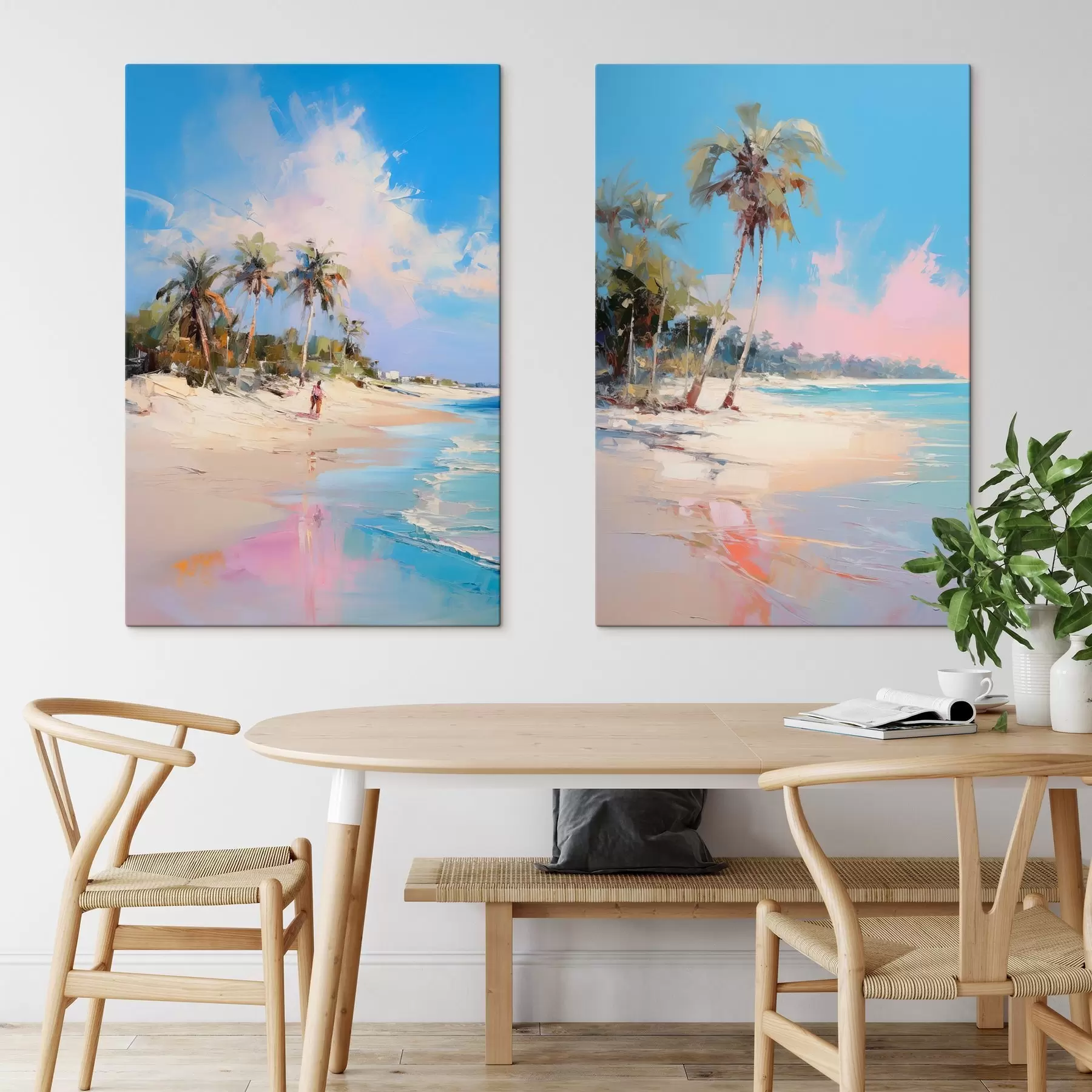 fotótapéta Absztrakt táj, pálmafákkal teli strand, ragyogó napsütéses nap kék éggel és néhány felhővel m00885