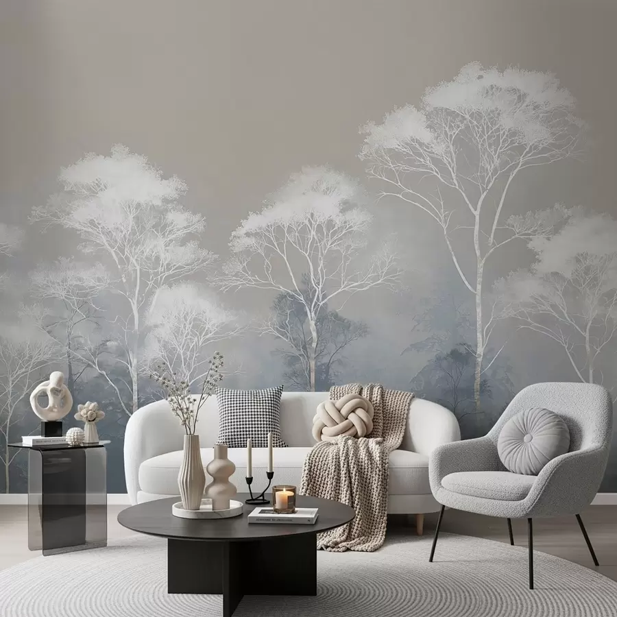 Fotószőnyeg Minimalista fák kék-szürke színpalettában, ködben w09448 - Uwalls.hu fotószőnyeg Minimalista fák kék-szürke színpalettában, ködben w09448