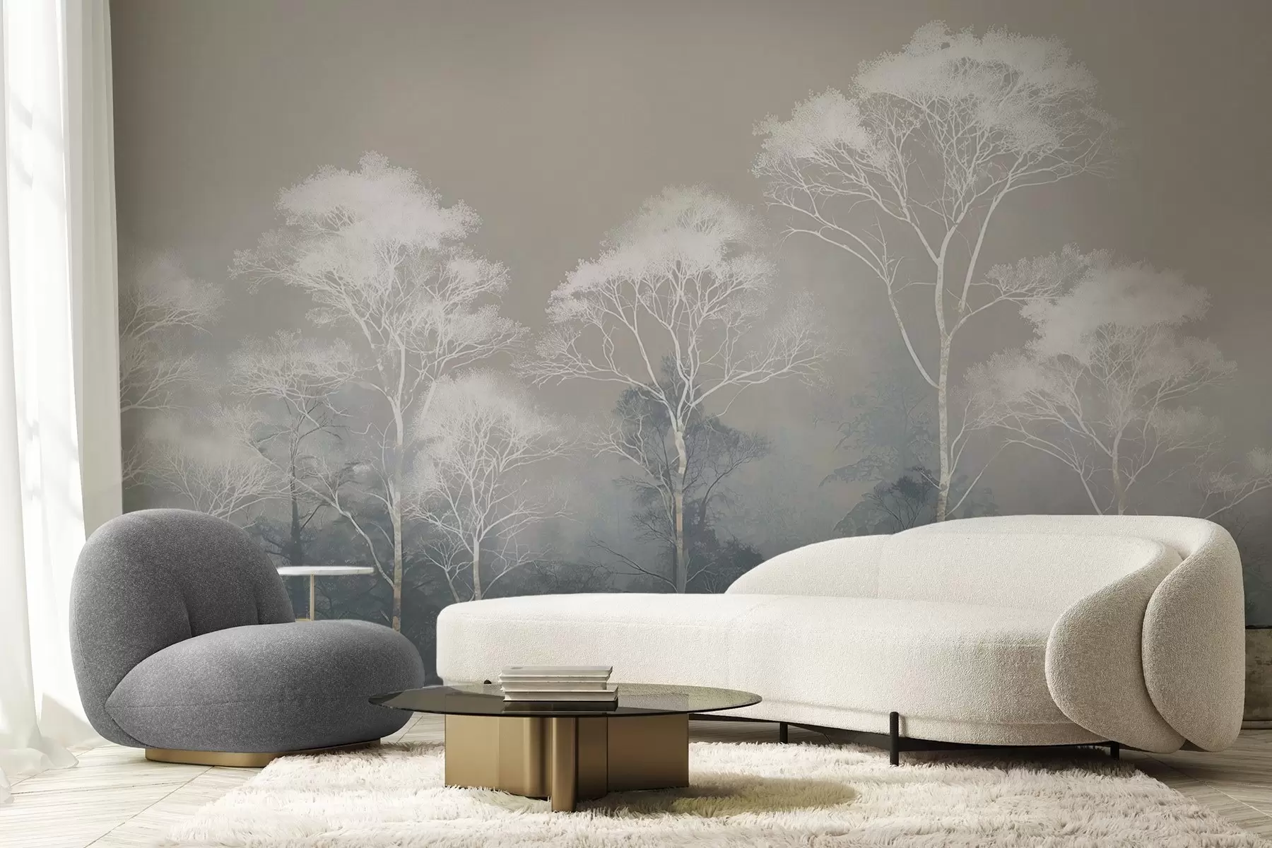 fotószőnyeg Minimalista fák kék-szürke színpalettában, ködben w09448