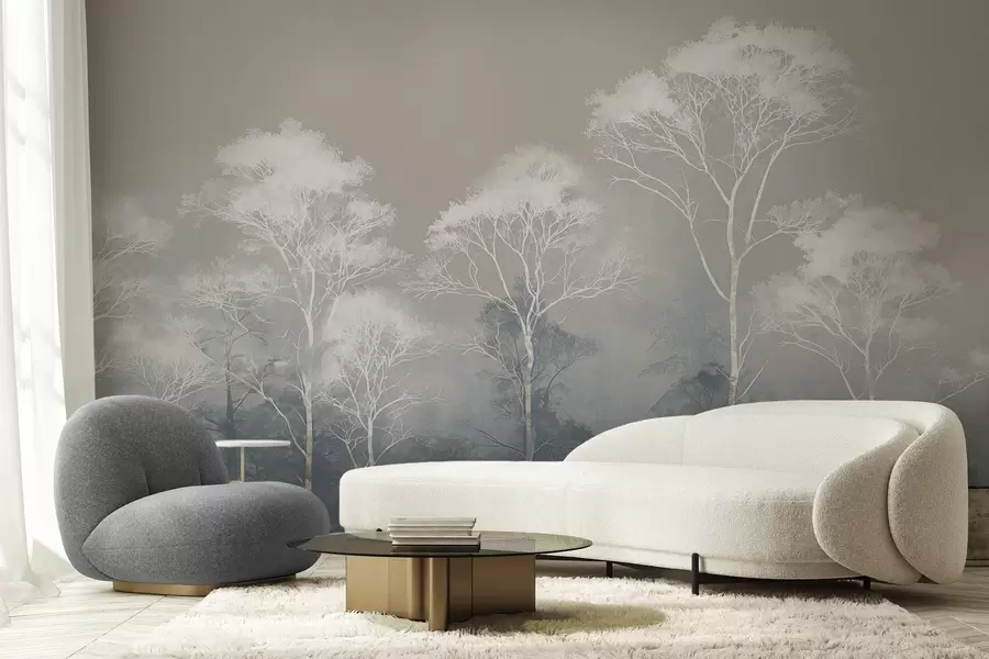 fotószőnyeg Minimalista fák kék-szürke színpalettában, ködben w09448