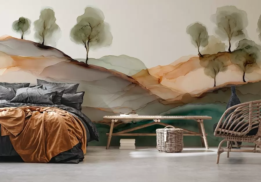 fotószőnyeg Absztrakt táj alkoholos tintával — dombok és fák pasztell színekben w09457