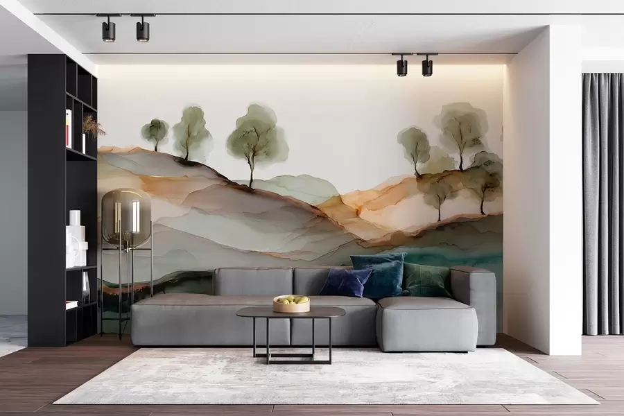 fotószőnyeg Absztrakt táj alkoholos tintával — dombok és fák pasztell színekben w09457
