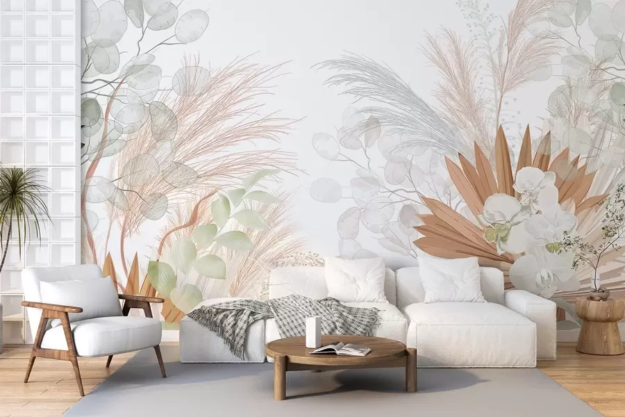 fotószőnyeg Pampas fű, eukaliptusz, trópusi levelek és orchideák fehér háttér előtt, pasztell színekben w09366