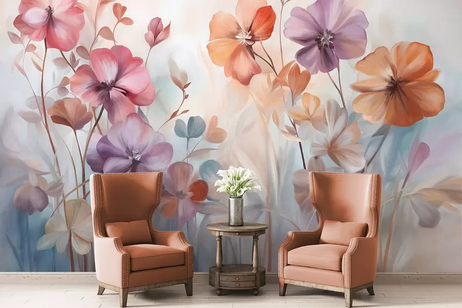 fotószőnyeg Texturált virágkompozíció rózsaszín, lila és narancssárga virágokkal, zöld szárakkal és levelekkel, lágy pasztell színekkel w09486