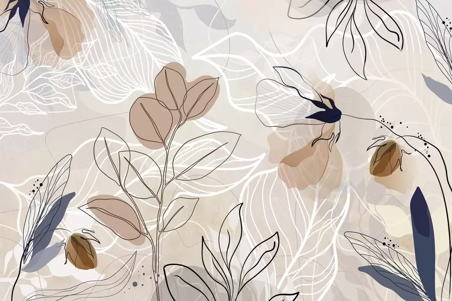 fotószőnyeg Bézs színű absztrakt háttér levelekkel és virágokkal, modern, minimalista, organikus formák, botanikai nyomtatás  w09487