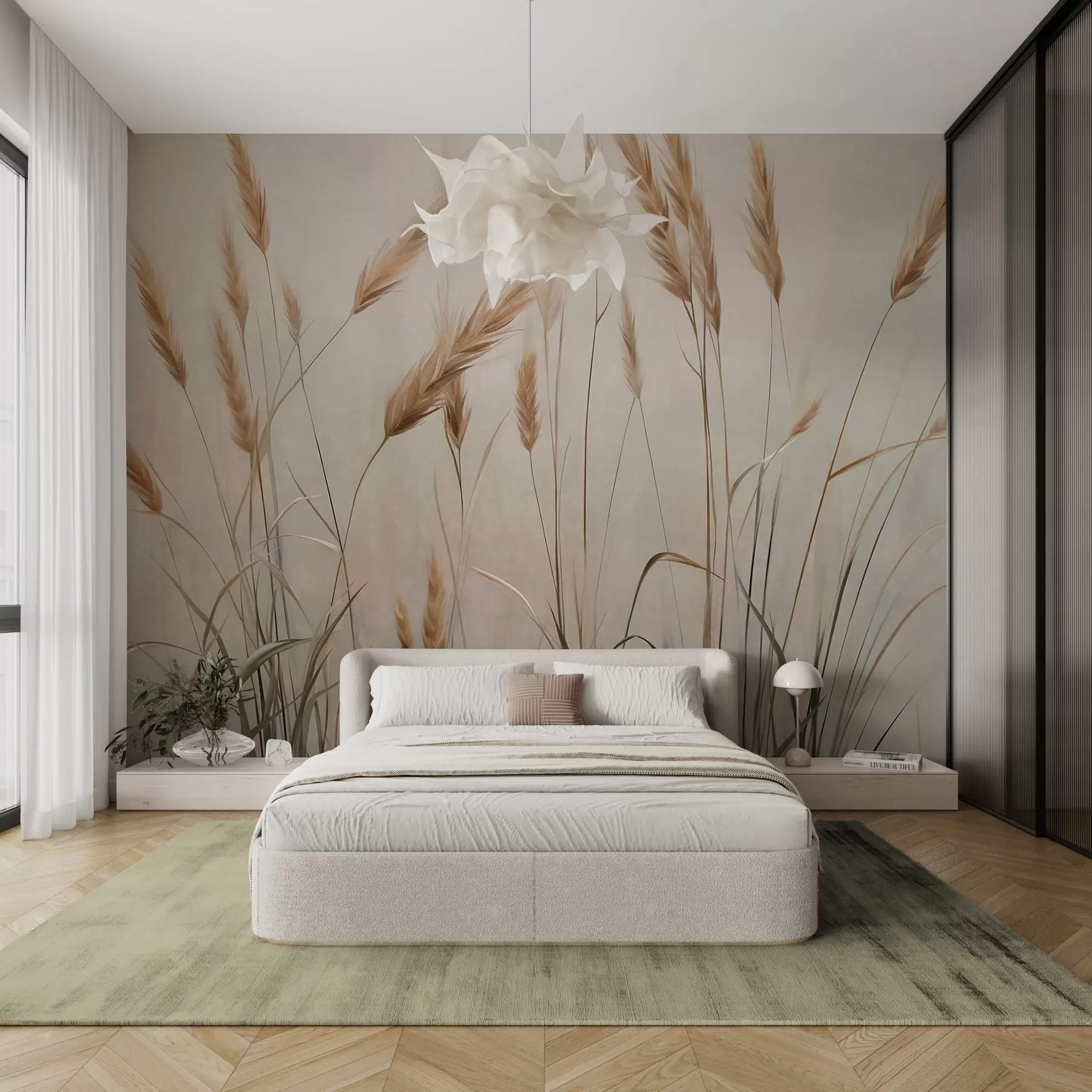 fotószőnyeg Búzával borított mező sárga kalászokkal, bézs háttér, természetes megvilágítás, meleg tónusok, részletgazdag ecsetvonások w09493