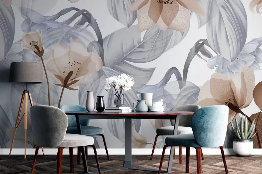 fotószőnyeg Barna virágok és szürke levelek, virágos botanikai háttér, elegáns dizájn, lágy színek, finom részletek w09497v1